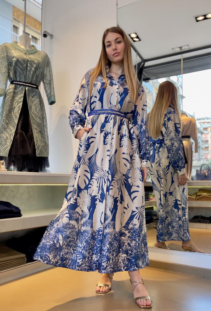 Long tropical print shirtdress Blue and white<br />(<strong>LM LULU'</strong>)